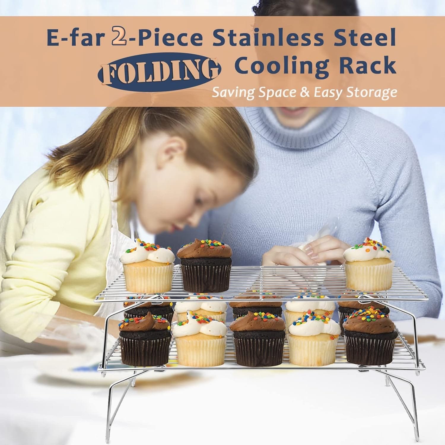 E-far 4-Tier Cooling Rack, 15”x10.1 Stainless Steel Stackable Wire Cooling Rack for Baking Cooking Cookies, Folding Leg  Non-toxic, Oven Safe  Dishwasher Safe