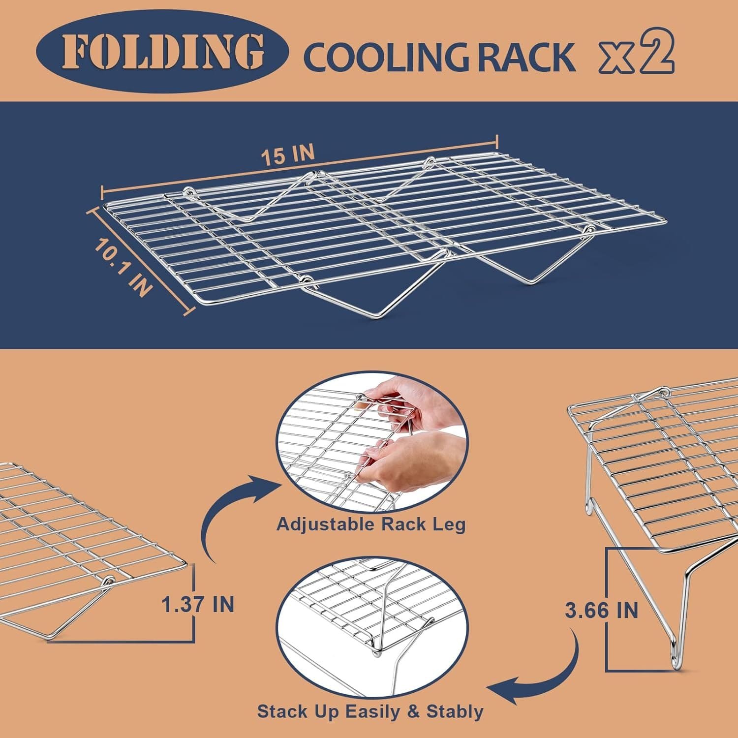 E-far 4-Tier Cooling Rack, 15”x10.1 Stainless Steel Stackable Wire Cooling Rack for Baking Cooking Cookies, Folding Leg  Non-toxic, Oven Safe  Dishwasher Safe