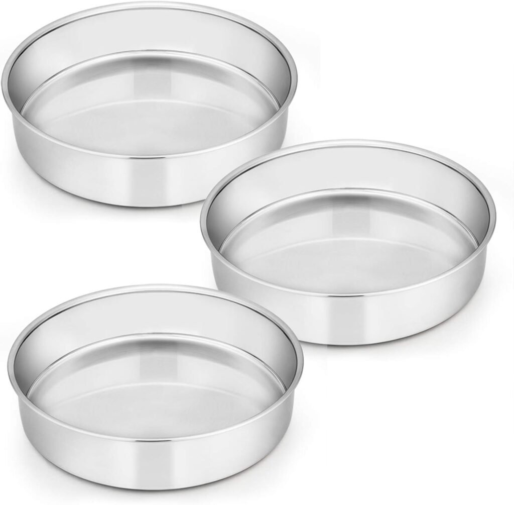 E-far 8 Inch Cake Pan Set of 3, Stainless Steel Round Layer Cake Baking Pans, Non-Toxic  Healthy, Mirror Finish  Dishwasher Safe