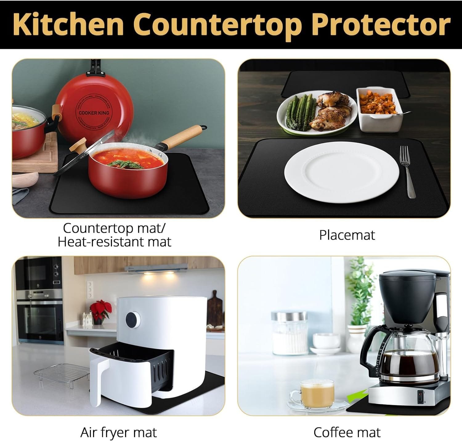 EasyAcc 2 Pack Countertop Protector Mats, Non-slip Fireproof for Kitchen Counter, Heat Resistant Mat, Silicone Fireglass Non-slip Mat, 12 x 16 Inches, Black