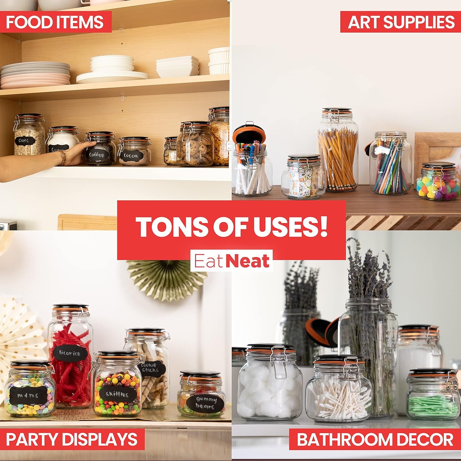 EatNeat Set of 5 Airtight Glass Kitchen Canisters with Bail and Trigger Black Clasp Lid - Assorted Premium Food Containers for Pantry Storage Organization - Includes Black Labels and White Marker