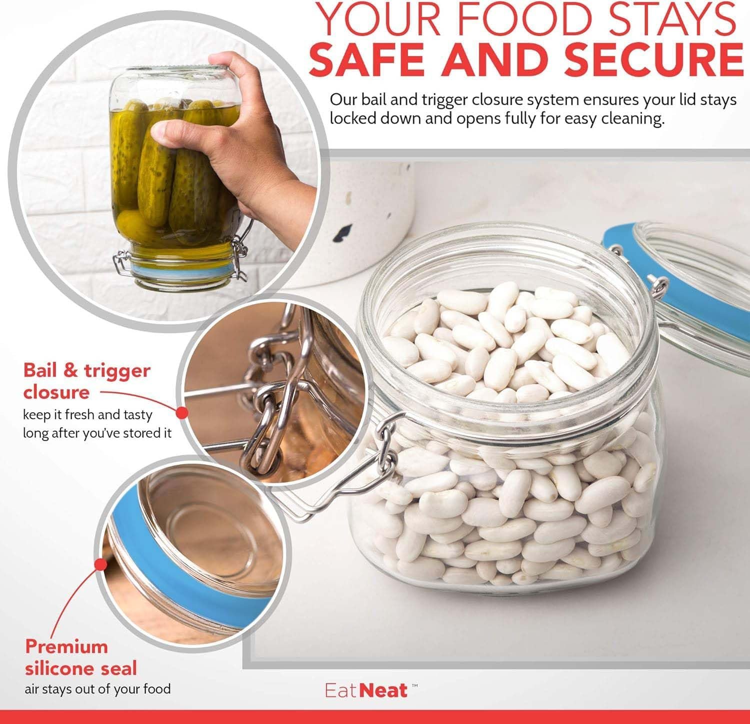 EatNeat Set of 5 Airtight Glass Kitchen Canisters with Bail and Trigger Black Clasp Lid - Assorted Premium Food Containers for Pantry Storage Organization - Includes Black Labels and White Marker