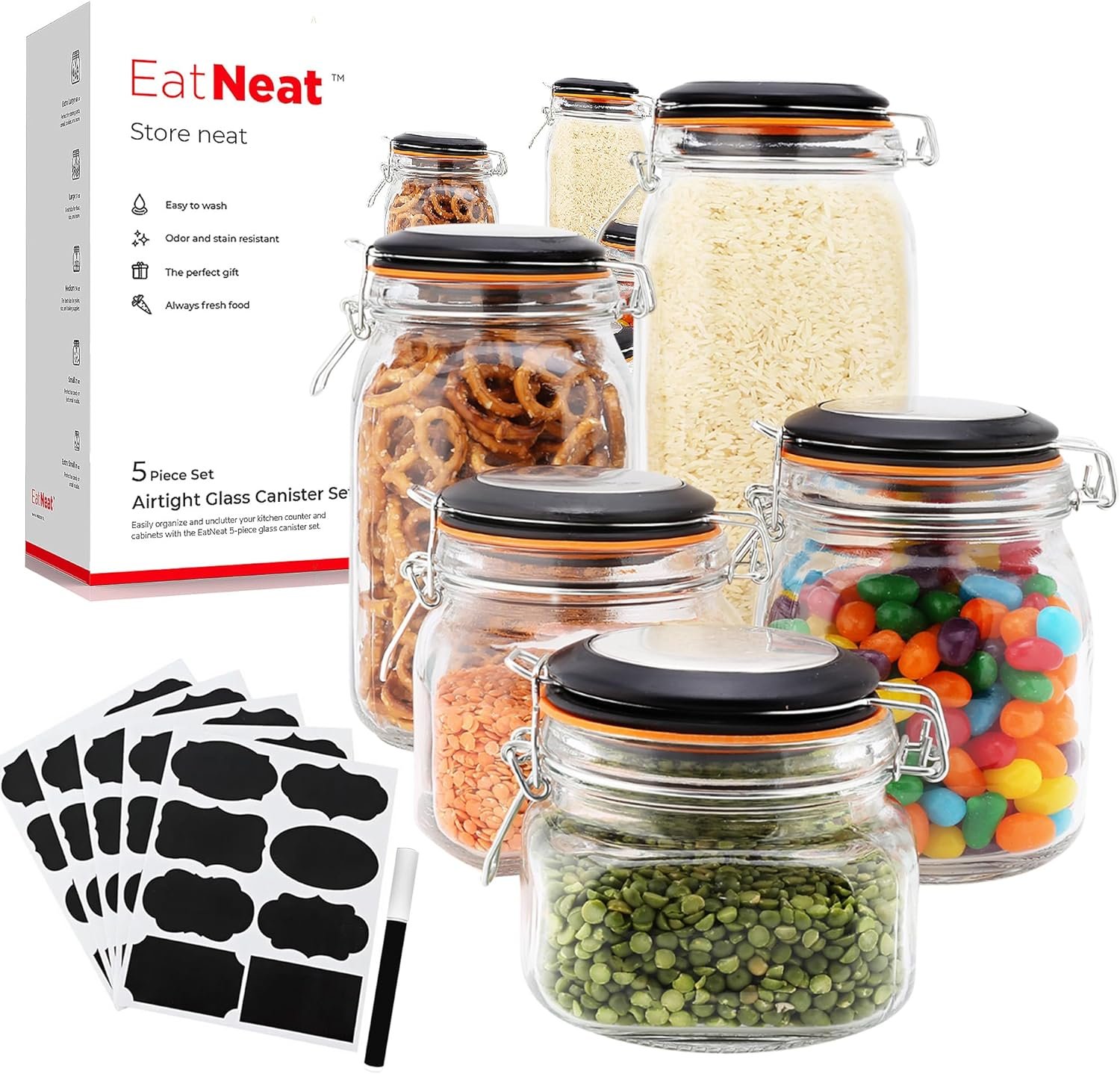 EatNeat Set of 5 Airtight Glass Kitchen Canisters with Bail and Trigger Black Clasp Lid - Assorted Premium Food Containers for Pantry Storage Organization - Includes Black Labels and White Marker