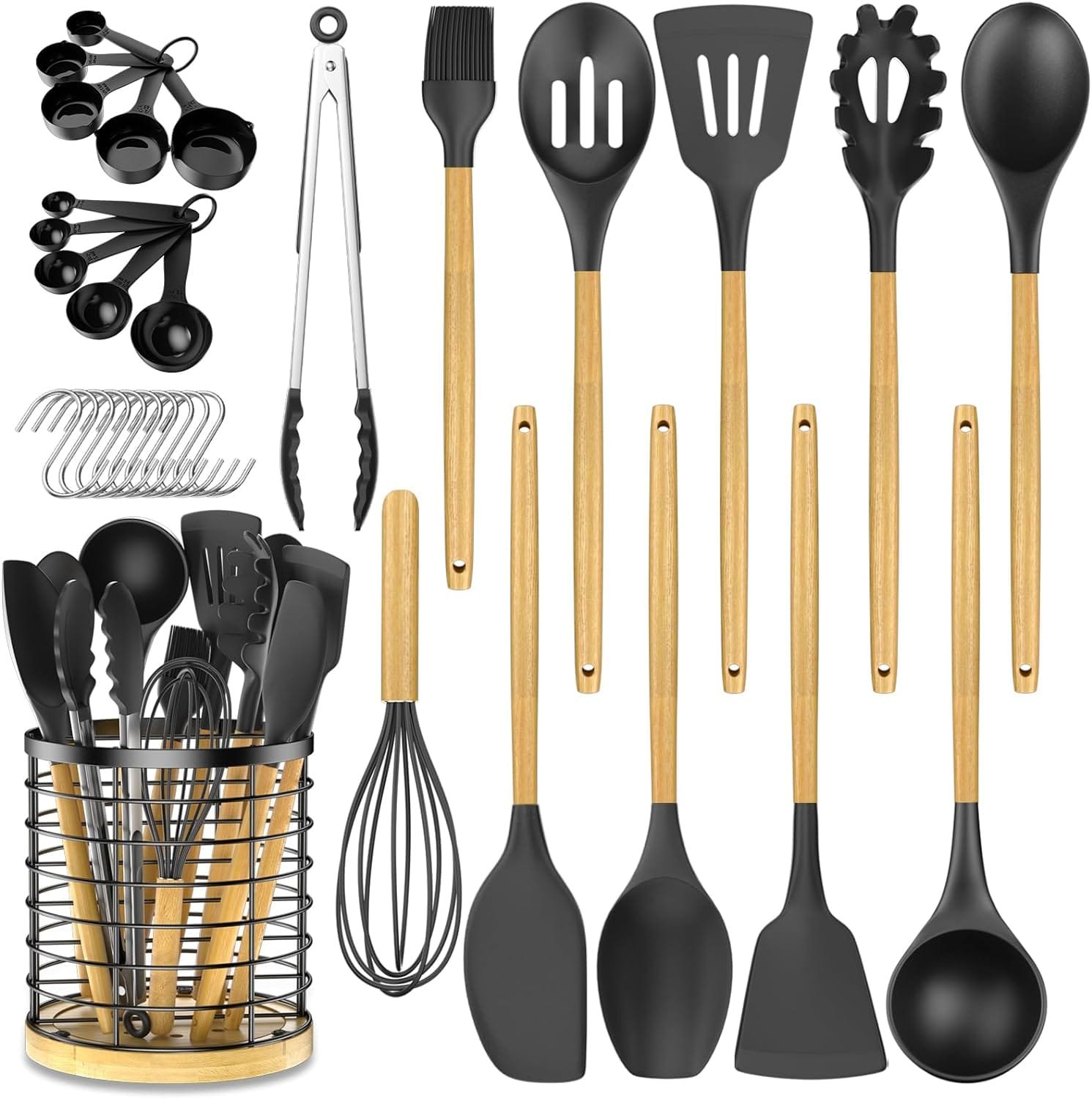 ebeau Cooking Utensils Set with Holder - 32 Pcs Silicone Kitchen Utensils Set - Non-Stick Silicone Spatula Set, BPA Free Wooden Handle Silicone Gadget Set+Utensil Holder