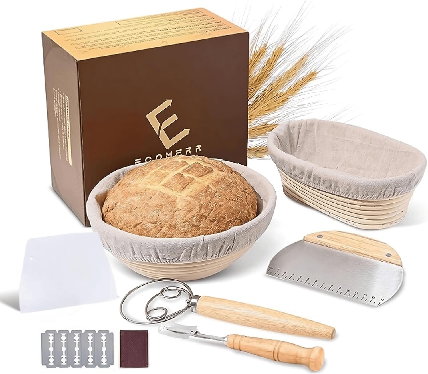 ECOMERR 10” Banneton Bread Proofing Basket - Set of 2 Round  Oval Rattan Proofing Baskets for Sourdough Bread Baking (Bread Basket 10)