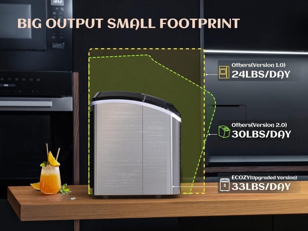 ecozy Nugget Ice Maker Countertop - Chewable Pellet Ice Cubes, 33 lbs Daily Output, Stainless Steel Housing, Self-Cleaning Ice Machine with Ice Bags for Parties, Kitchen, Bar, Office, Silver