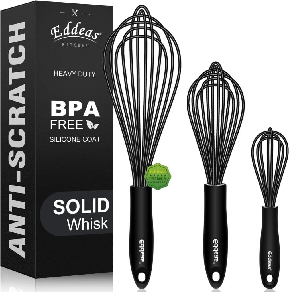 EDDEAS Silicone Whisk Non Scratch Heat Resistant Whisks for Baking, Mixing Whisk Balloon Egg wisk tools Perfect for Blending, Whisking, Beating,(3pcs Black)