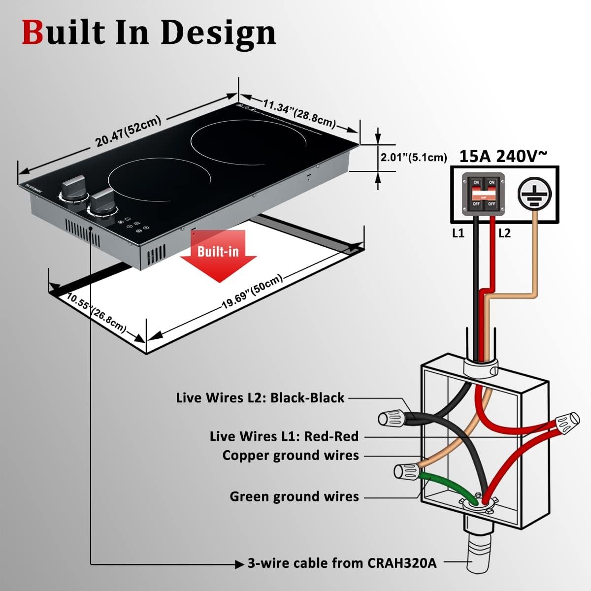 Eelectric Cooktop 12inch, ECOTOUCH 2 Burner Radiant Electric Cooktop Built-in, 12 Stove Top Knob Control,TimerChild Safety Lcok, 3000W, 220-240V for Hard Wire(No Plug)