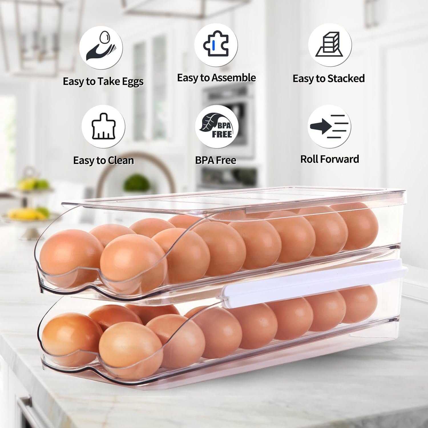 Egg Holder for Fridge, Automatically Rolling Egg Container for Refrigerator, Clear Plastic Fridge Organizers and Storage with Lid, Stackable Egg Dispenser  Tray (3 Tier) Egg Holder for Fridge, Automatically Rolling Egg Container for Refrigerator, Clear Plastic Fridge Organizers and Storage with Lid, Stackable Egg Dispenser  Tray (3 Tier)