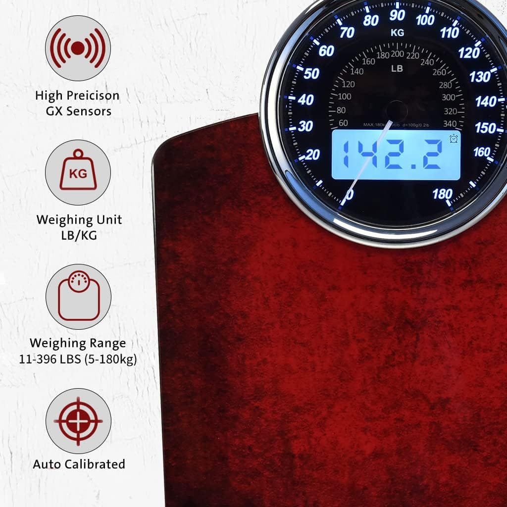 EILISON Highly Advance 2-in-1 Digital  Analog Weighing Scale for Body Weight-400lbs, 4 High Precison GX Sensor Accurate, Thick Tempered Glass, Extra Large Display (red) (Red)