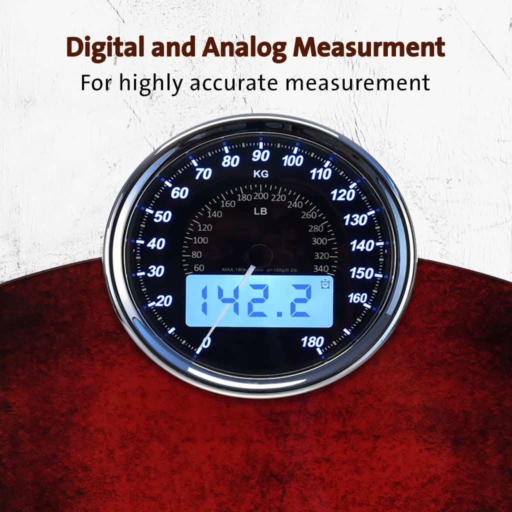 EILISON Highly Advance 2-in-1 Digital  Analog Weighing Scale for Body Weight-400lbs, 4 High Precison GX Sensor Accurate, Thick Tempered Glass, Extra Large Display (red) (Red)
