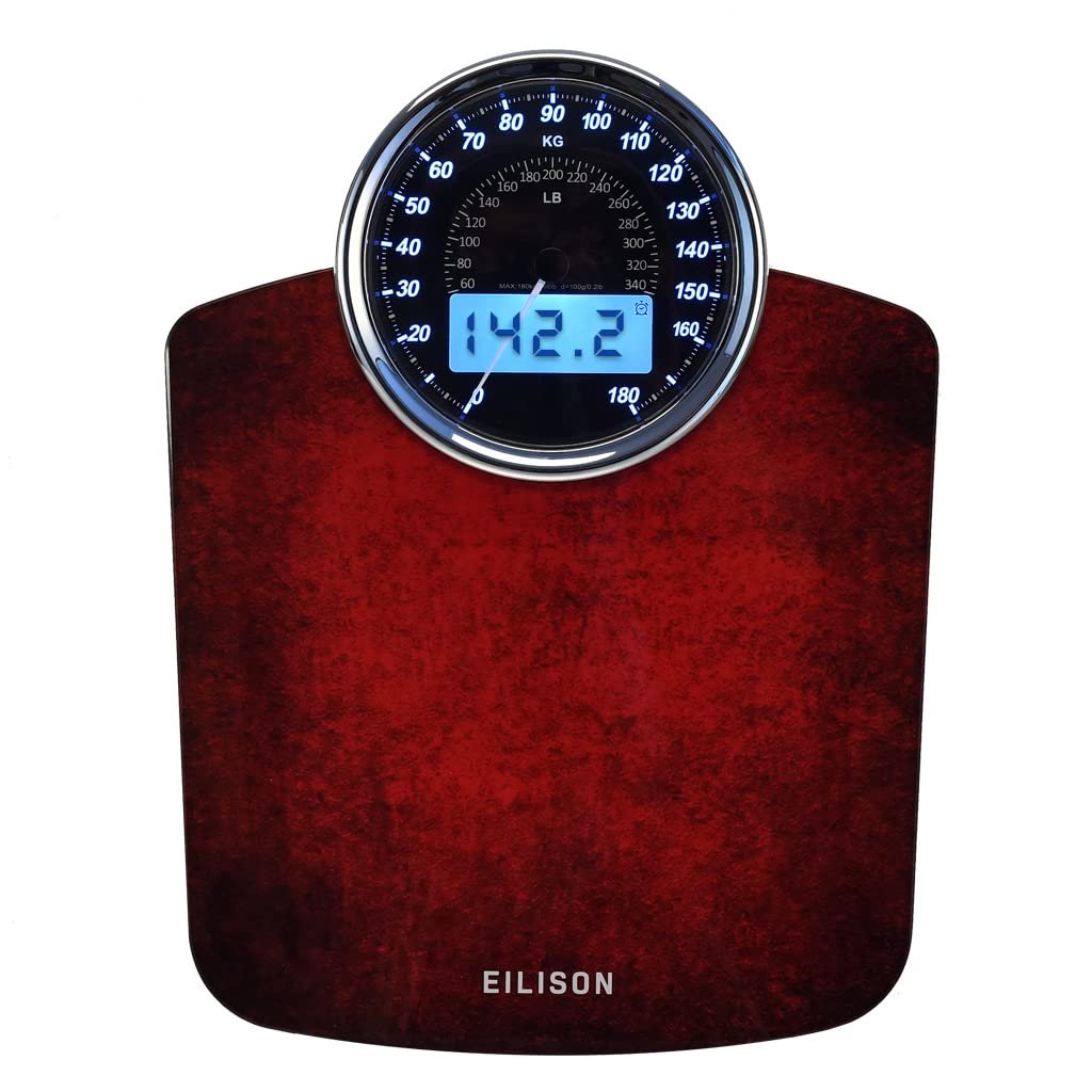 EILISON Highly Advance 2-in-1 Digital  Analog Weighing Scale for Body Weight-400lbs, 4 High Precison GX Sensor Accurate, Thick Tempered Glass, Extra Large Display (red) (Red)