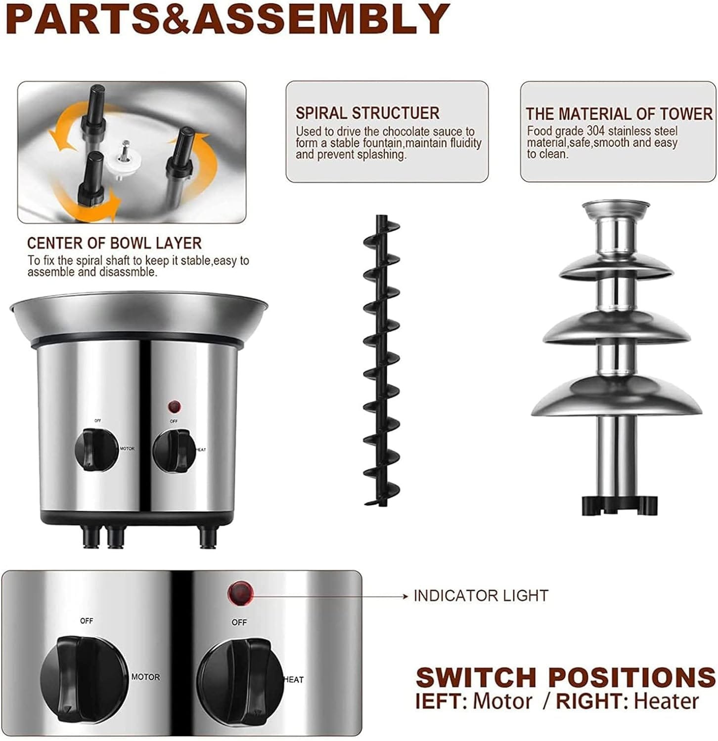 EKSED 4 Tier Hot Chocolate Fondue Fountain Machine - Large Size Stainless Steel Chocolate Fountain Fondue Set for Party, Wedding - Commercial Chocolate Fountain EKSED 4 Tier Hot Chocolate Fondue Fountain Machine - Large Size Stainless Steel Chocolate Fountain Fondue Set for Party, Wedding - Commercial Chocolate Fountain