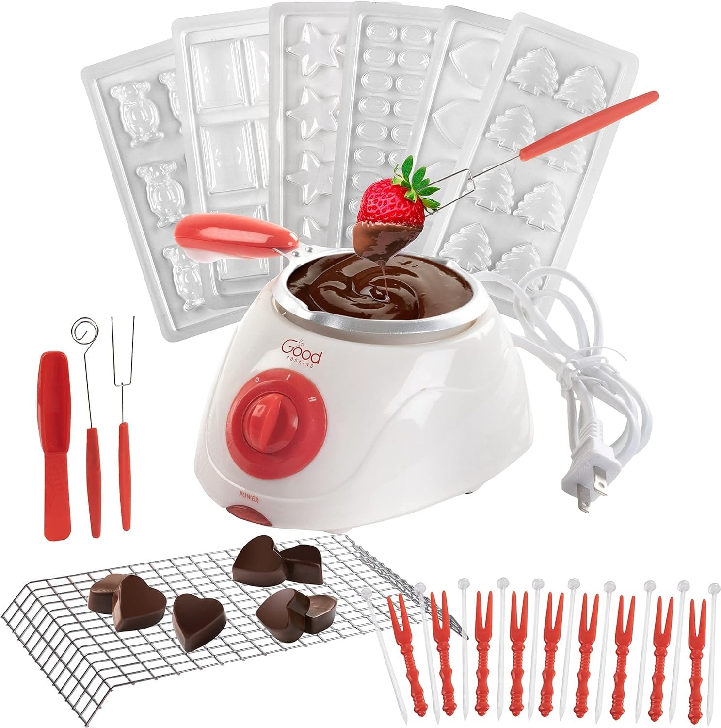 Electric Chocolate Melting Pot Gift Set - Candy Making or Cheese Fondue Fountain Kit w 30+ Accessories- 7 Chocolate Mold Trays  Dipping Forks, Recipe Book- Appetizers, Desserts - Valentines Day Treat