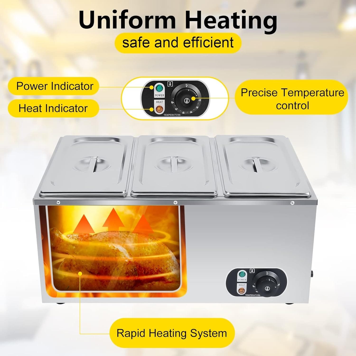 Electric Commercial Food Warmer 110V Buffet Food Warmer Stainless Steel Electric Countertop Steamer with Temperature Control, Tap and Lid for Catering Restaurant Parties (3 Pan) Electric Commercial Food Warmer 110V Buffet Food Warmer Stainless Steel Electric Countertop Steamer with Temperature Control, Tap and Lid for Catering Restaurant Parties (3 Pan)