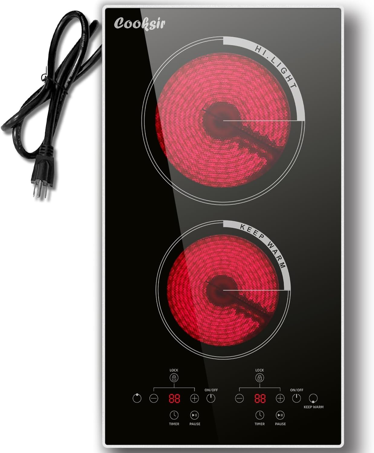 Electric Cooktop 12 inch, 110v Countertop Electric Stove Top 2000W, 2 Burners Ceramic Cooktop with Residual Heat Indicator, Over-Temperature Protection, 9 Power Levels, Knob Control