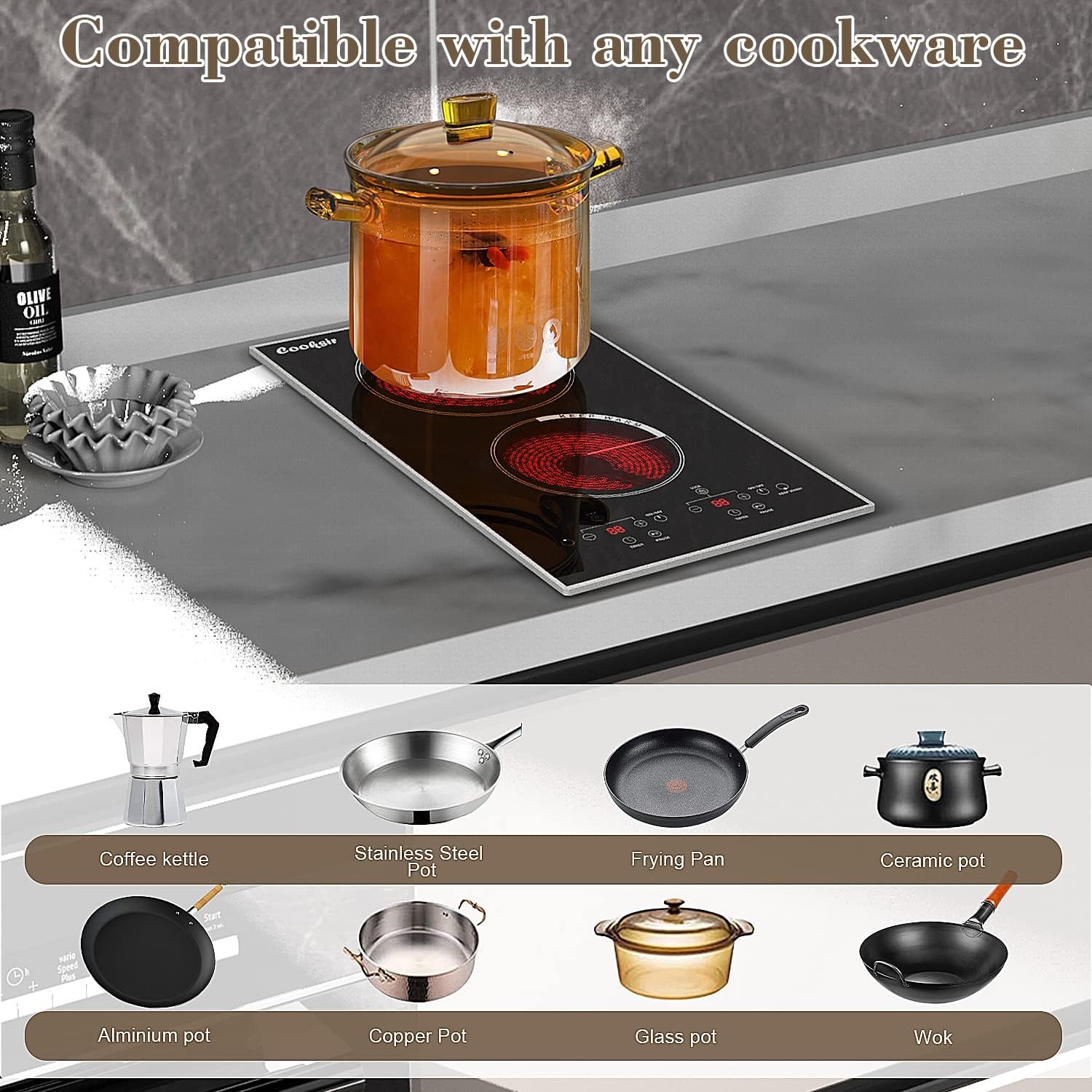 Electric Cooktop 12 inch, 110v Countertop Electric Stove Top 2000W, 2 Burners Ceramic Cooktop with Residual Heat Indicator, Over-Temperature Protection, 9 Power Levels, Knob Control