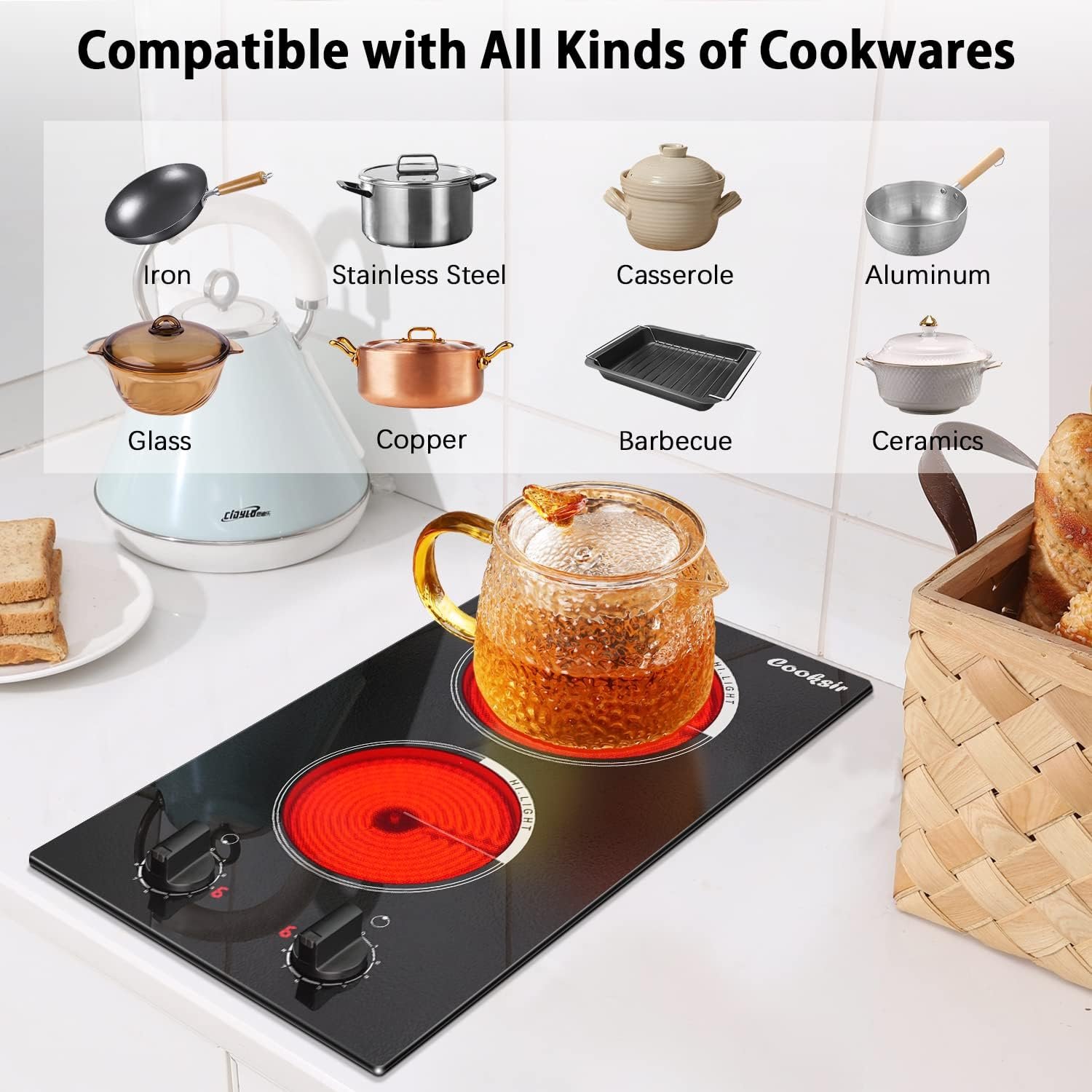 Electric Cooktop 12 inch, 110v Countertop Electric Stove Top 2000W, 2 Burners Ceramic Cooktop with Residual Heat Indicator, Over-Temperature Protection, 9 Power Levels, Knob Control