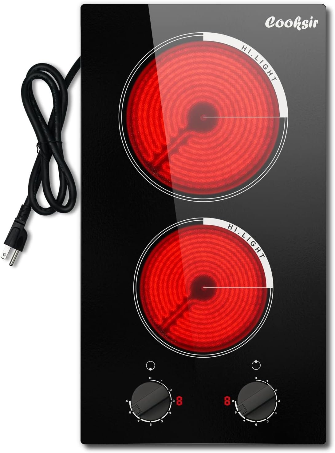 Electric Cooktop 12 inch, 110v Countertop Electric Stove Top 2000W, 2 Burners Ceramic Cooktop with Residual Heat Indicator, Over-Temperature Protection, 9 Power Levels, Knob Control