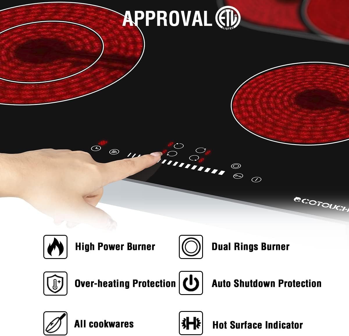 Electric Cooktop 24 inch,ECOTOUCH Built-in Electric Cooktop 4 Burner Stove Top, Radiant Electric Cooktop Stovetop with Kid Safety Lock, Timer, 9 Heating Level,6800W, 220-240V for Hard Wire(No Plug)