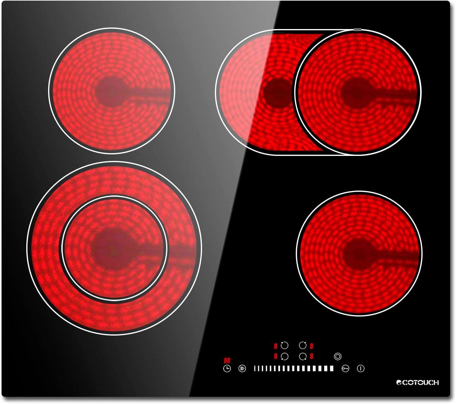 Electric Cooktop 24 inch,ECOTOUCH Built-in Electric Cooktop 4 Burner Stove Top, Radiant Electric Cooktop Stovetop with Kid Safety Lock, Timer, 9 Heating Level,6800W, 220-240V for Hard Wire(No Plug)