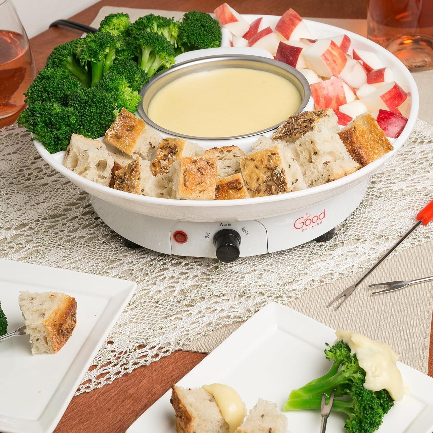 Electric Fondue Maker Deluxe Set w 4 Forks, Removable Serving Tray  Melting/Warming Setting-Great for Dipping Snacks Marshmallows  Bread in Chocolate-Appetizers  Desserts-Easter  Mothers Day Gift