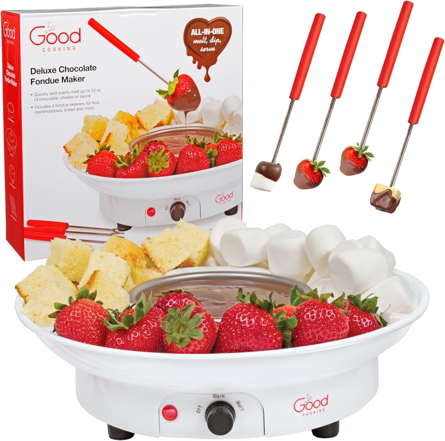 Electric Fondue Maker Deluxe Set w 4 Forks, Removable Serving Tray  Melting/Warming Setting-Great for Dipping Snacks Marshmallows  Bread in Chocolate-Appetizers  Desserts-Easter  Mothers Day Gift
