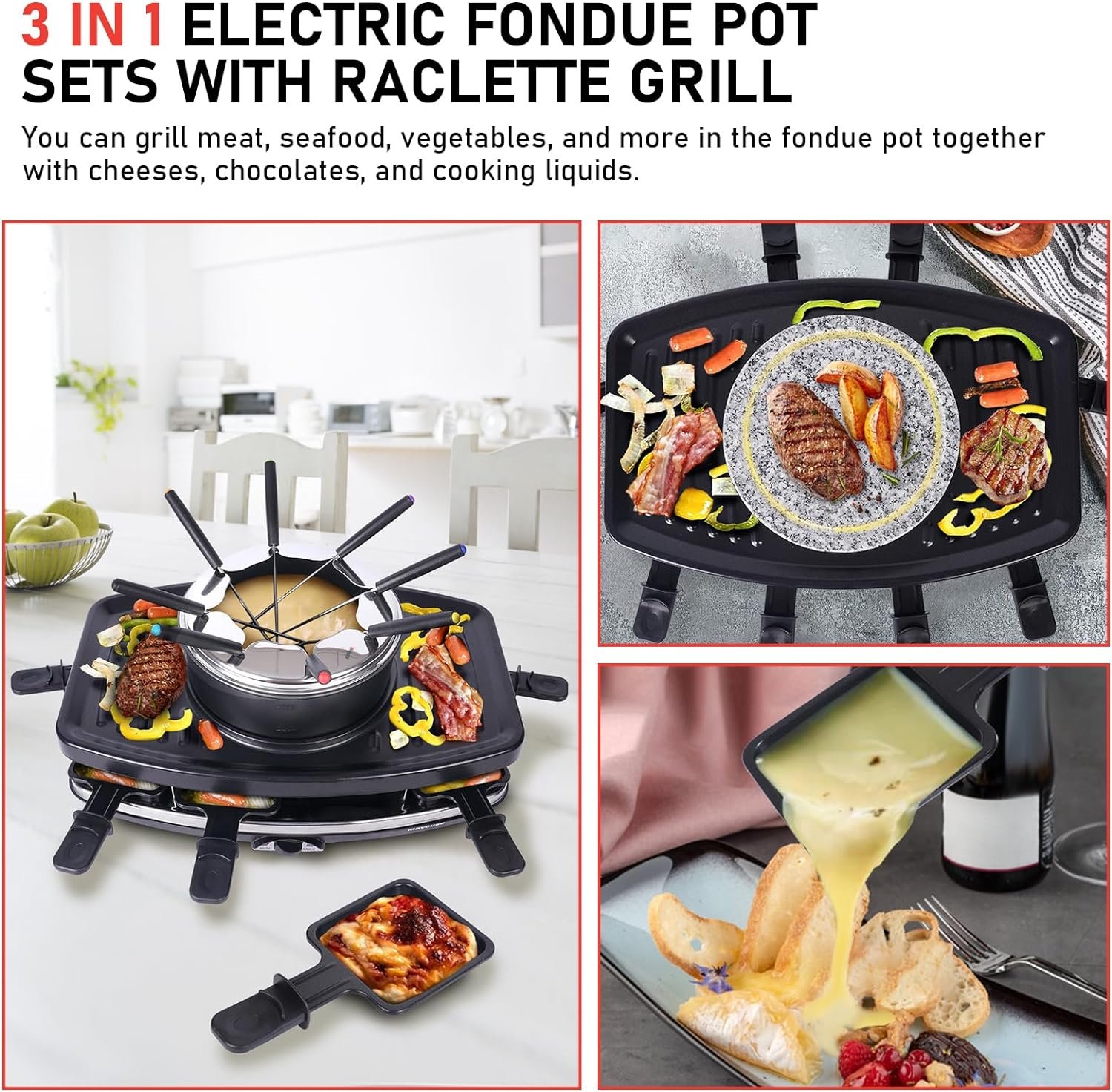 Electric Fondue Pot Sets with Barbecue Grill, Electric lndoor Raclette Table Grill for 8 People, Adjustable Temperature Control and 8 Paddles, Perfect for Parties and Family Fun