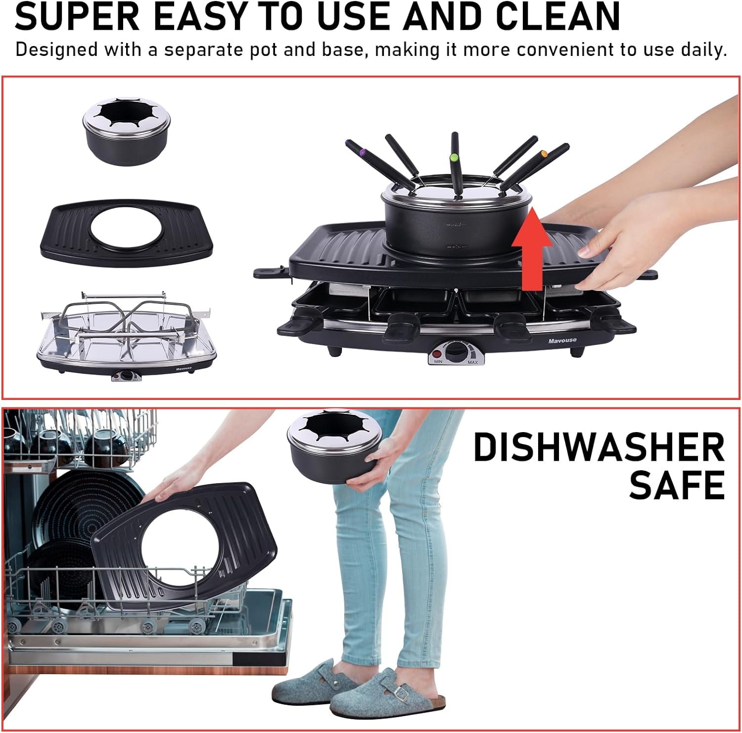 Electric Fondue Pot Sets with Barbecue Grill, Electric lndoor Raclette Table Grill for 8 People, Adjustable Temperature Control and 8 Paddles, Perfect for Parties and Family Fun