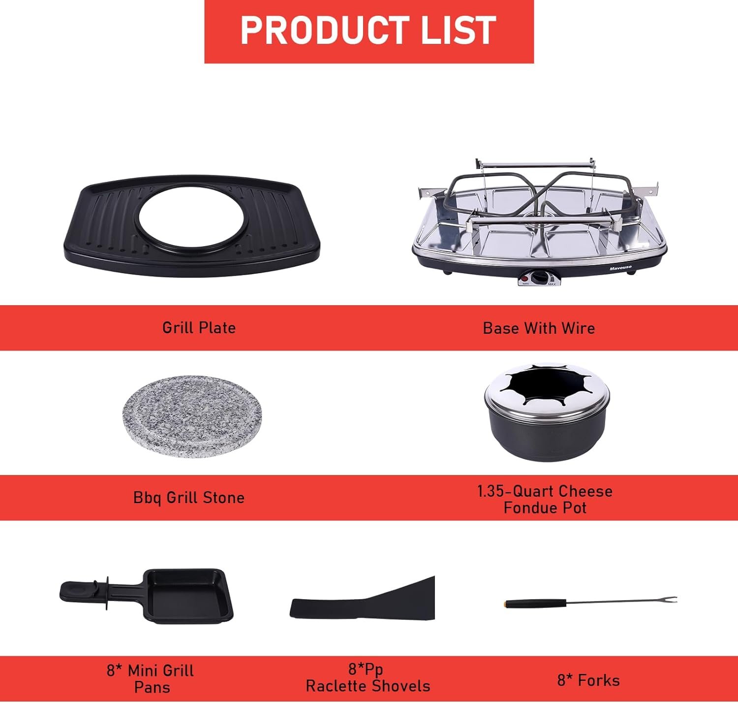 Electric Fondue Pot Sets with Barbecue Grill, Electric lndoor Raclette Table Grill for 8 People, Adjustable Temperature Control and 8 Paddles, Perfect for Parties and Family Fun