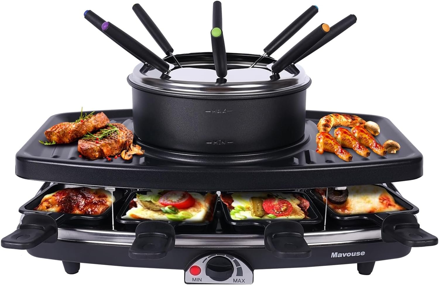 Electric Fondue Pot Sets with Barbecue Grill, Electric lndoor Raclette Table Grill for 8 People, Adjustable Temperature Control and 8 Paddles, Perfect for Parties and Family Fun
