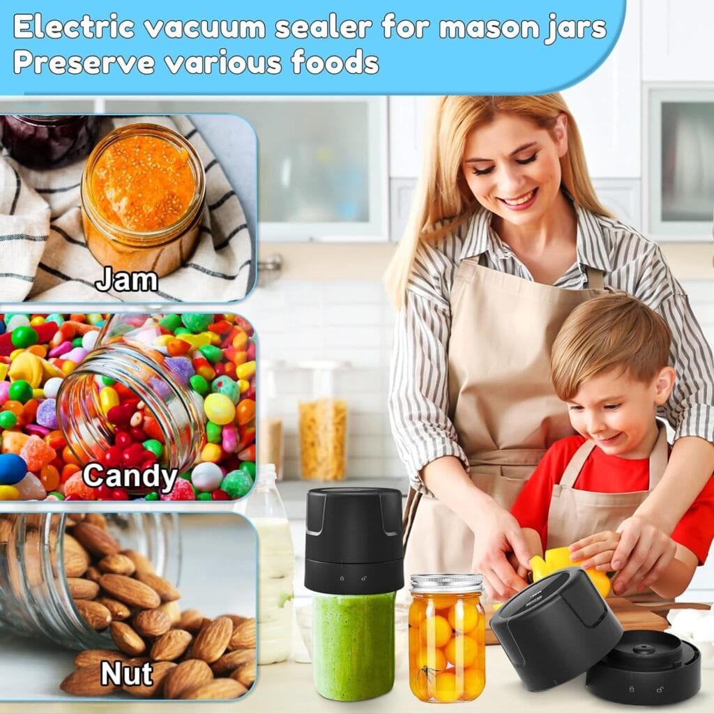 Electric Mason Jar Vacuum Sealer - 85kPa Strong Suction Vacuum Sealing Machine with Regular and Wide Mouth Mason Jar Lids - Silent Rechargeable Portable Vacuum Sealer for Food Storage or Fermentation Electric Mason Jar Vacuum Sealer - 85kPa Strong Suction Vacuum Sealing Machine with Regular and Wide Mouth Mason Jar Lids - Silent Rechargeable Portable Vacuum Sealer for Food Storage or Fermentation