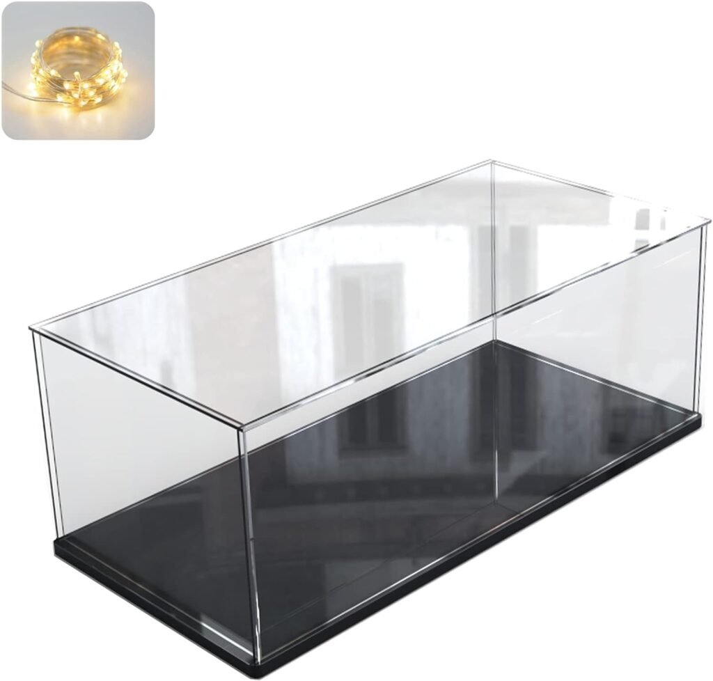 ELEpure Thickened Clear Acrylic Display Case for Lego 21317 10295 Collectibles, Assemble Box Dustproof Protection with Black Wood-Plastic Base  String Light Inside 15.7x7.9x7.9inch