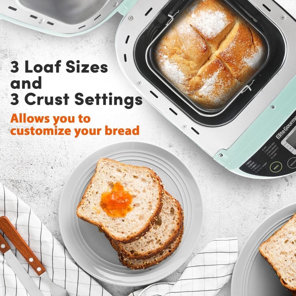 Elite Gourmet EBM8103M Programmable Bread Maker Machine 3 Loaf Sizes, 19 Menu Functions Gluten Free White Wheat Rye French and more, 2 Lbs, Mint Elite Gourmet EBM8103M Programmable Bread Maker Machine 3 Loaf Sizes, 19 Menu Functions Gluten Free White Wheat Rye French and more, 2 Lbs, Mint