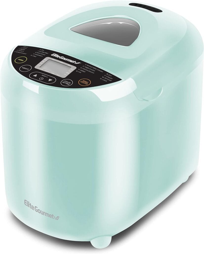 Elite Gourmet EBM8103M Programmable Bread Maker Machine 3 Loaf Sizes, 19 Menu Functions Gluten Free White Wheat Rye French and more, 2 Lbs, Mint Elite Gourmet EBM8103M Programmable Bread Maker Machine 3 Loaf Sizes, 19 Menu Functions Gluten Free White Wheat Rye French and more, 2 Lbs, Mint