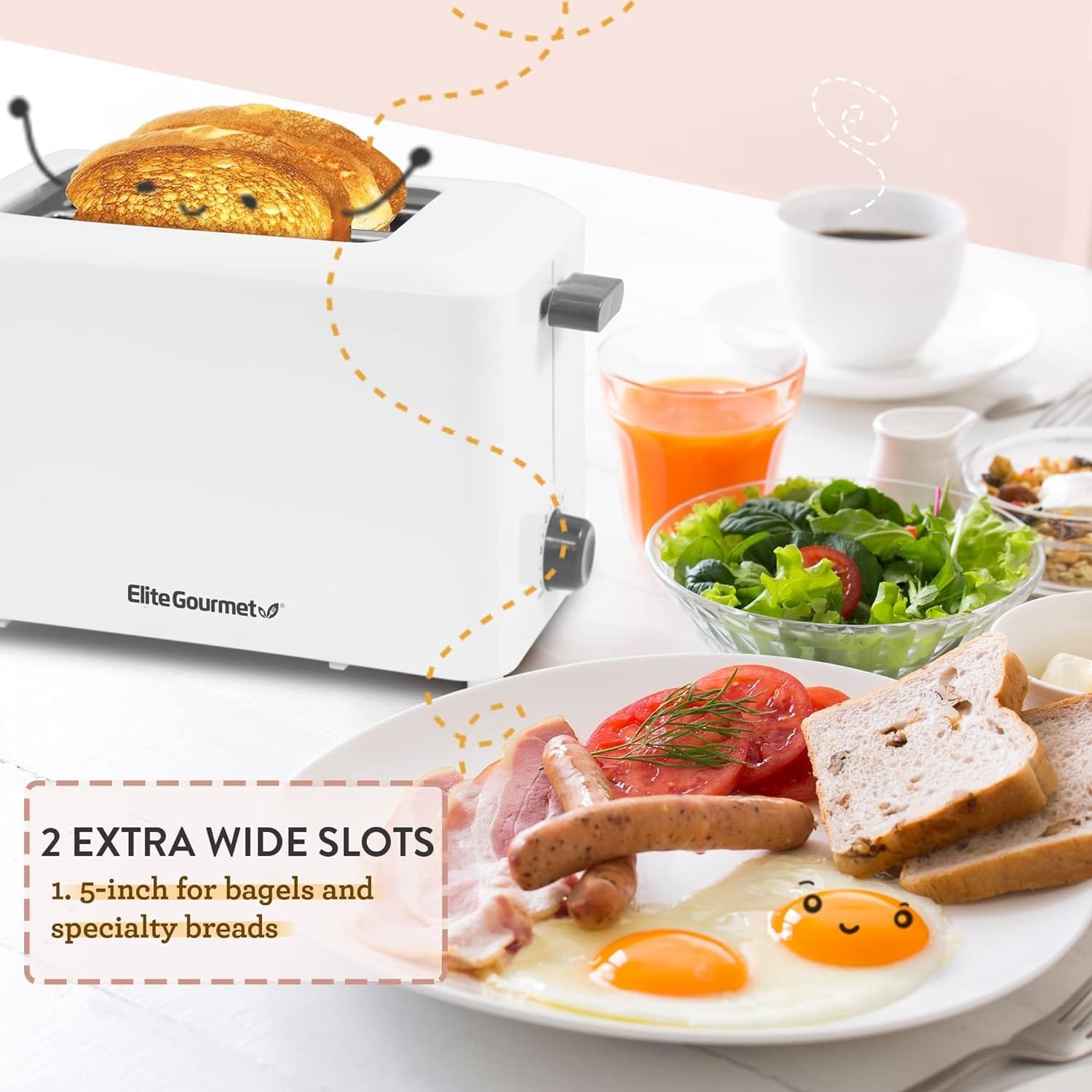 Elite Gourmet ECT-1027 Cool Touch Toaster, 7 Toast Settings Cancel Functions, Slide Out Crumb Tray, Extra Wide 1.5 Slots for Bagels Waffles Specialty Breads, Puff Pastry, Snacks, White