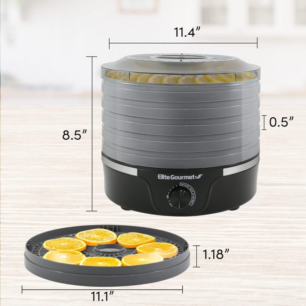 Elite Gourmet EFD319BNG Food Dehydrator, 5 BPA-Free 11.4 Trays Adjustable Temperature Controls, Jerky, Herbs, Fruit, Veggies, Dried Snacks, Black and Grey, 5 Trays