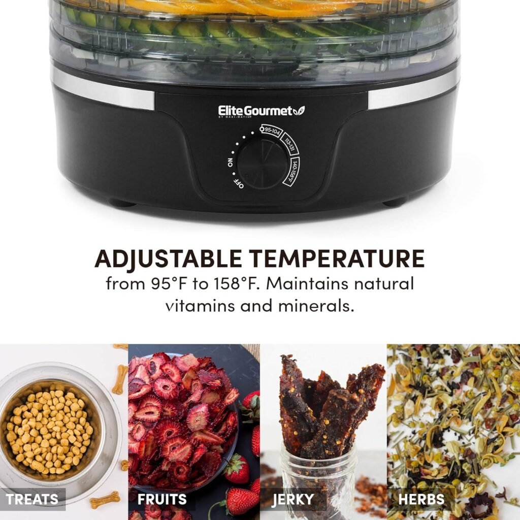 Elite Gourmet EFD319BNG Food Dehydrator, 5 BPA-Free 11.4 Trays Adjustable Temperature Controls, Jerky, Herbs, Fruit, Veggies, Dried Snacks, Black and Grey, 5 Trays