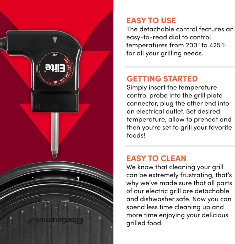 Elite Gourmet EMG1100 Electric Indoor Nonstick Grill, Dishwasher Safe, Cool Touch, Fast Heat Up Ideal Low-Fat Meals, Includes Tempered Glass Lid, 11, Black