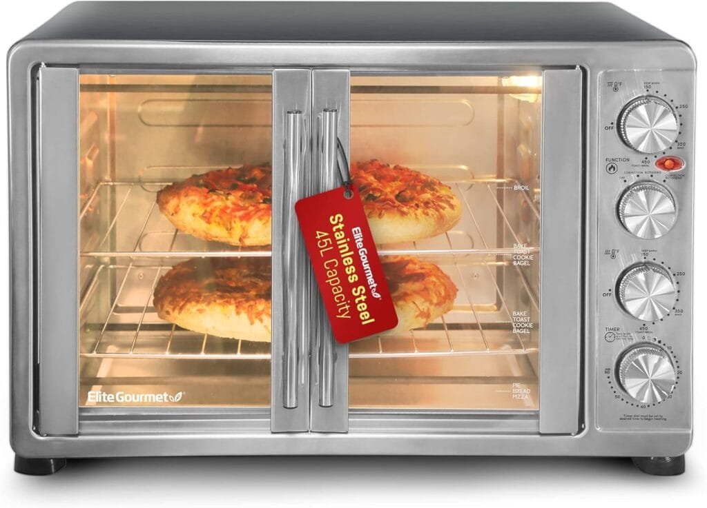 Elite Gourmet ETO-4510M French Door 47.5Qt, 18-Slice Convection Oven 4-Control Knobs, Bake Broil Toast Rotisserie Keep Warm, Includes 2 x 14 Pizza Racks, Stainless Steel Elite Gourmet ETO-4510M French Door 47.5Qt, 18-Slice Convection Oven 4-Control Knobs, Bake Broil Toast Rotisserie Keep Warm, Includes 2 x 14 Pizza Racks, Stainless Steel