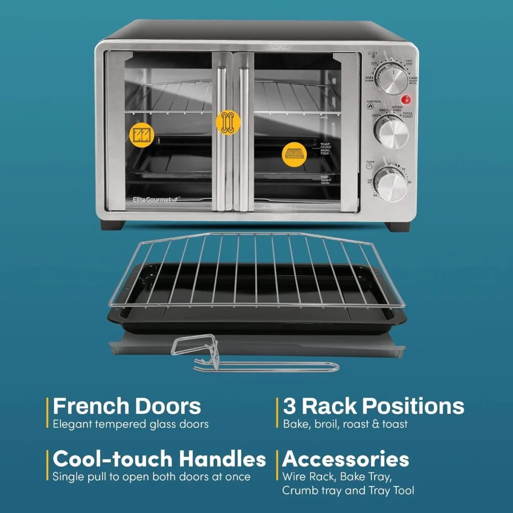 Elite Gourmet ETO2530M Double French Door Countertop Toaster Oven, Bake, Broil, Toast, Keep Warm, Fits 12 pizza, 25L capacity, Stainless Steel  Black