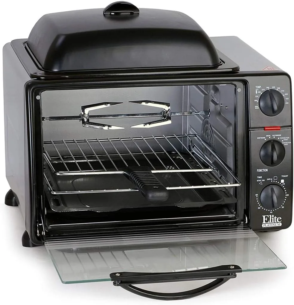 Elite Gourmet ETO2530M Double French Door Countertop Toaster Oven, Bake, Broil, Toast, Keep Warm, Fits 12 pizza, 25L capacity, Stainless Steel  Black