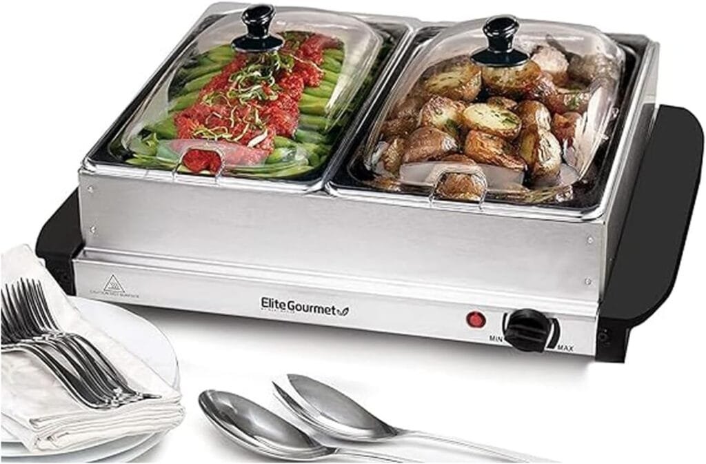 Elite Gourmet EWM-6122 Dual 2 x 2.5 Qt. Trays, Buffet Server, Food Warmer Temperature Control, Clear Slotted Lids, Perfect for Parties, Entertaining  Holidays, 5 Qt Total, Stainless Steel Elite Gourmet EWM-6122 Dual 2 x 2.5 Qt. Trays, Buffet Server, Food Warmer Temperature Control, Clear Slotted Lids, Perfect for Parties, Entertaining  Holidays, 5 Qt Total, Stainless Steel