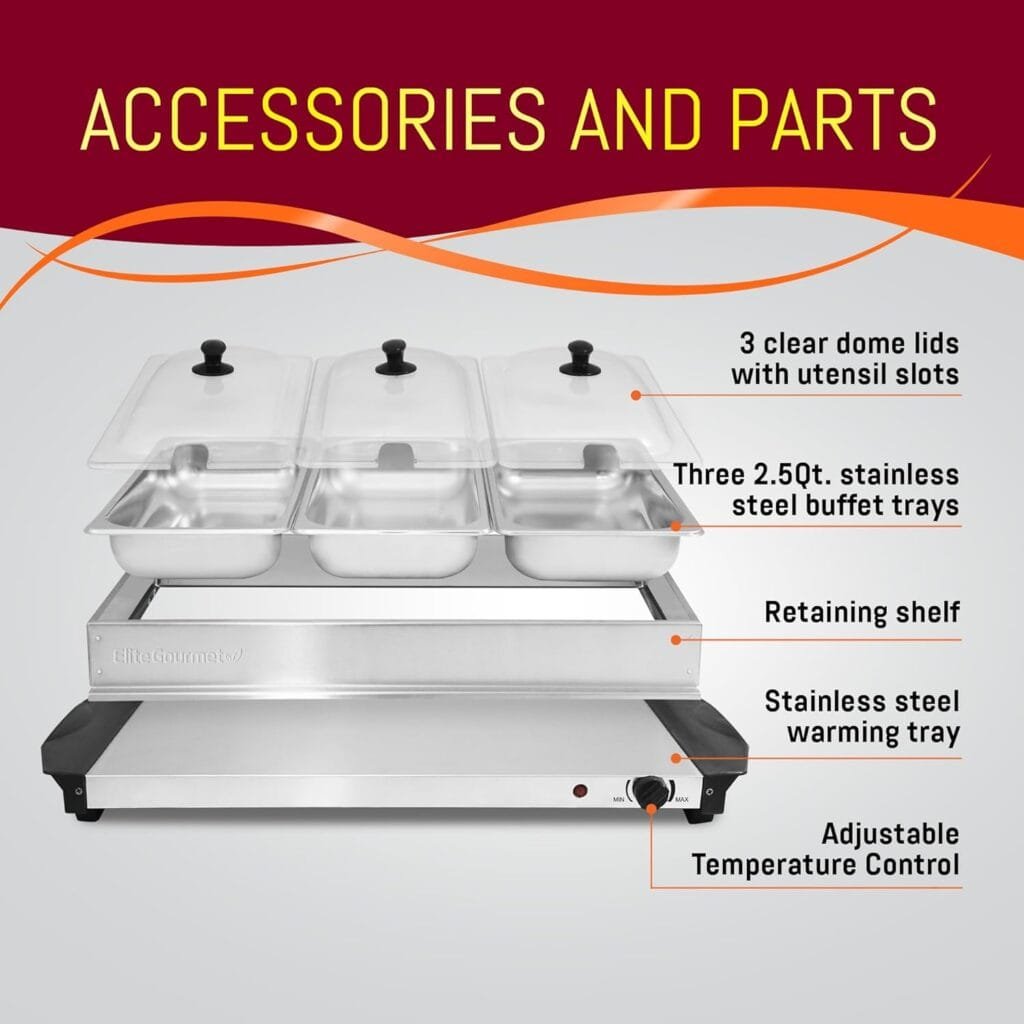 Elite Gourmet EWM-6122 Dual 2 x 2.5 Qt. Trays, Buffet Server, Food Warmer Temperature Control, Clear Slotted Lids, Perfect for Parties, Entertaining  Holidays, 5 Qt Total, Stainless Steel Elite Gourmet EWM-6122 Dual 2 x 2.5 Qt. Trays, Buffet Server, Food Warmer Temperature Control, Clear Slotted Lids, Perfect for Parties, Entertaining  Holidays, 5 Qt Total, Stainless Steel