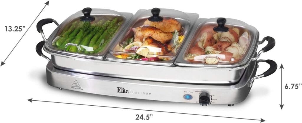 Elite Gourmet EWM-6122 Dual 2 x 2.5 Qt. Trays, Buffet Server, Food Warmer Temperature Control, Clear Slotted Lids, Perfect for Parties, Entertaining  Holidays, 5 Qt Total, Stainless Steel Elite Gourmet EWM-6122 Dual 2 x 2.5 Qt. Trays, Buffet Server, Food Warmer Temperature Control, Clear Slotted Lids, Perfect for Parties, Entertaining  Holidays, 5 Qt Total, Stainless Steel