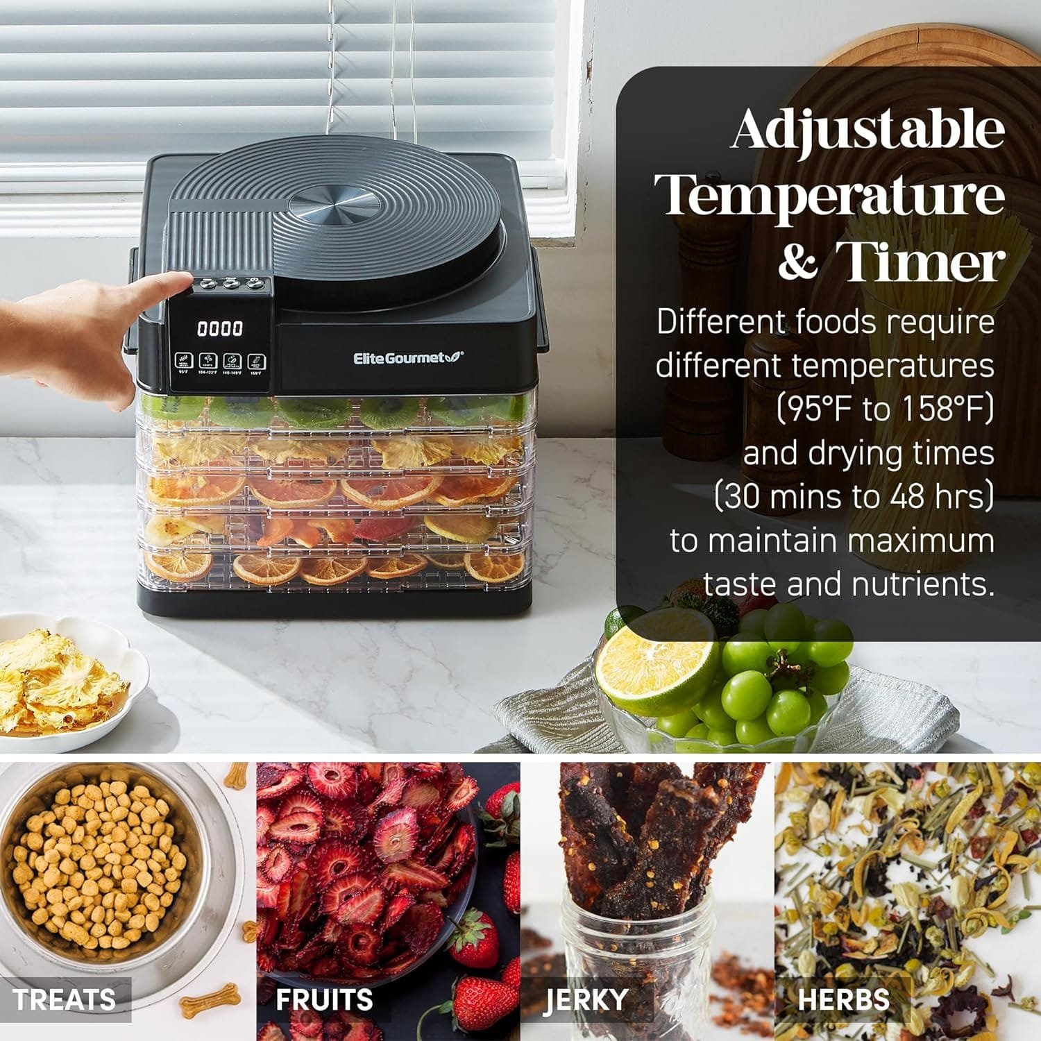 Elite Gourmet Food Dehydrator, Stainless Steel Trays Food Dehydrator, Adjustable Temperature Controls, Jerky Herbs Fruit Veggies Snacks