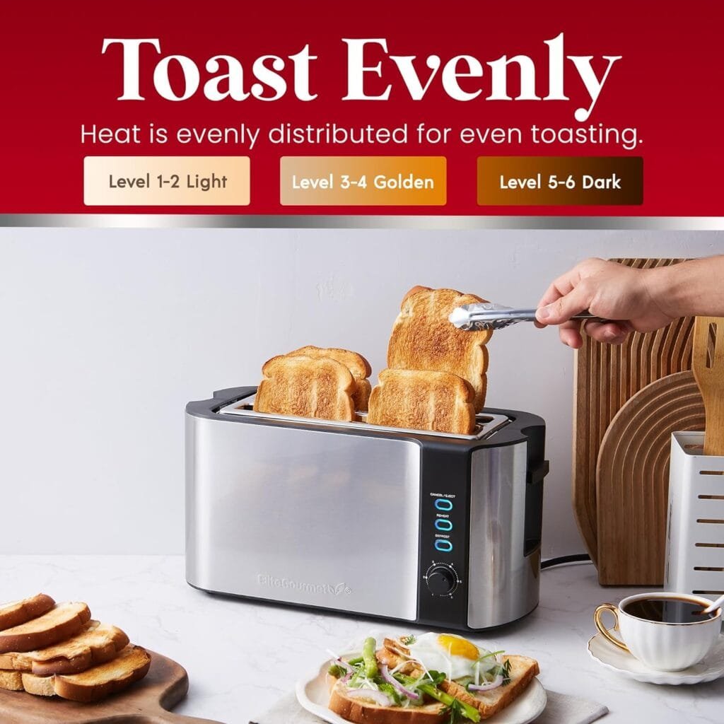 Elite Gourmet Long Slot 4 Slice Toaster, Reheat, 6 Toast Settings, Defrost, Cancel Functions, Built-in Warming Rack, Extra Wide Slots for Bagels Waffles Elite Gourmet Long Slot 4 Slice Toaster, Reheat, 6 Toast Settings, Defrost, Cancel Functions, Built-in Warming Rack, Extra Wide Slots for Bagels Waffles