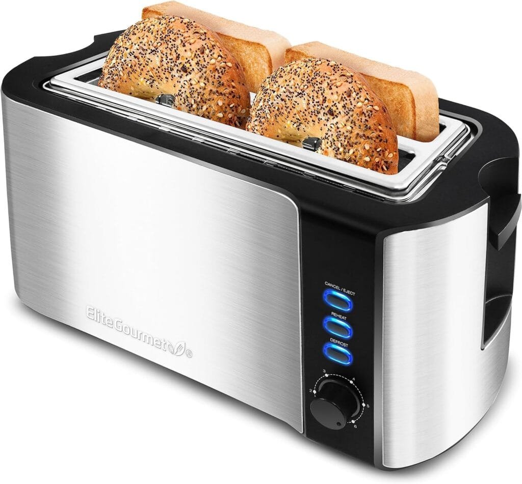 Elite Gourmet Long Slot 4 Slice Toaster, Reheat, 6 Toast Settings, Defrost, Cancel Functions, Built-in Warming Rack, Extra Wide Slots for Bagels Waffles Elite Gourmet Long Slot 4 Slice Toaster, Reheat, 6 Toast Settings, Defrost, Cancel Functions, Built-in Warming Rack, Extra Wide Slots for Bagels Waffles