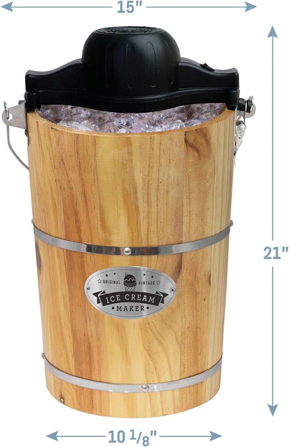 Elite Gourmet Old Fashioned 6 Quart Vintage Wood Bucket Electric Ice Cream Maker Machine Appalachian, Bonus Classic Die-Cast Hand Crank for Churning, Uses Ice and Rock Salt Churns Ice Cream in Minute