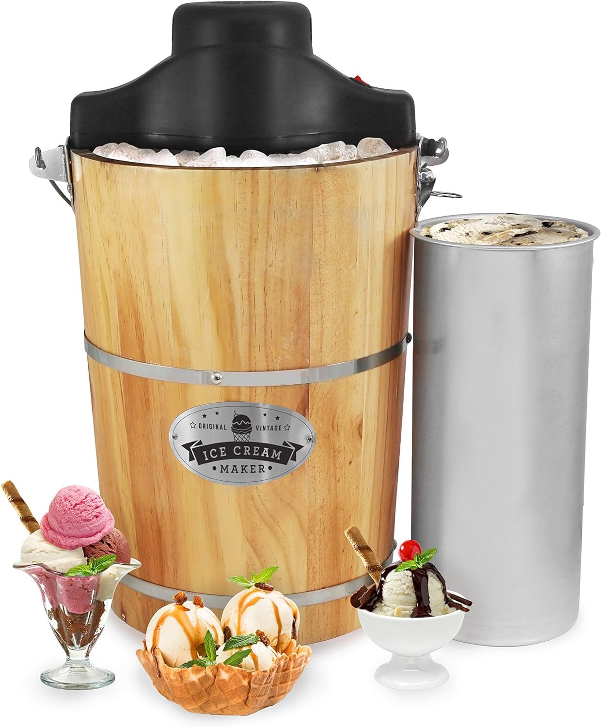 Elite Gourmet Old Fashioned 6 Quart Vintage Wood Bucket Electric Ice Cream Maker Machine Appalachian, Bonus Classic Die-Cast Hand Crank for Churning, Uses Ice and Rock Salt Churns Ice Cream in Minute